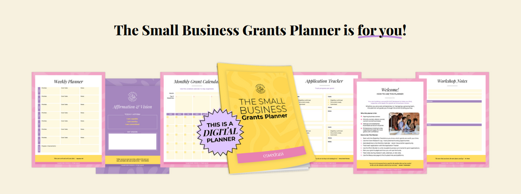 Small Business Grants Planner with various pages displayed on a beige background