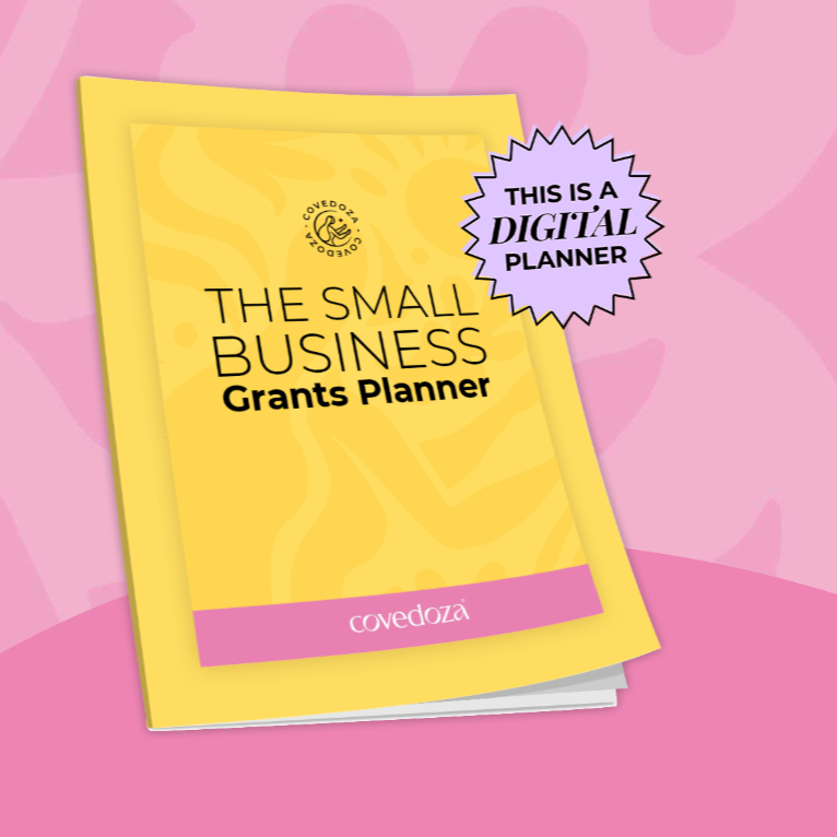 Yellow book titled 'The Small Business Grants Planner' on a pink background